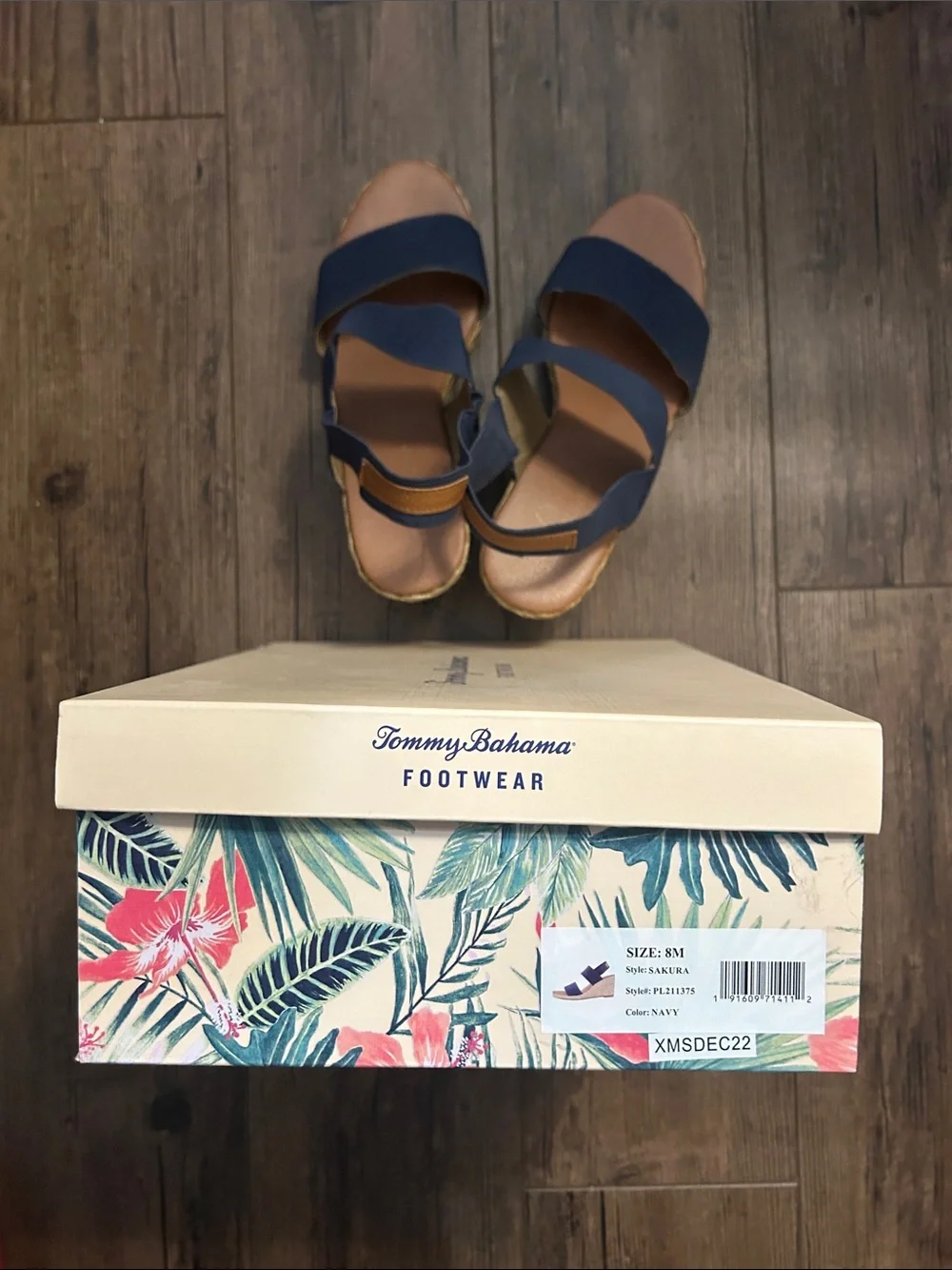 Tommy Bahama Navy Elastic Strap Wedge Sandals with Tan Footbed